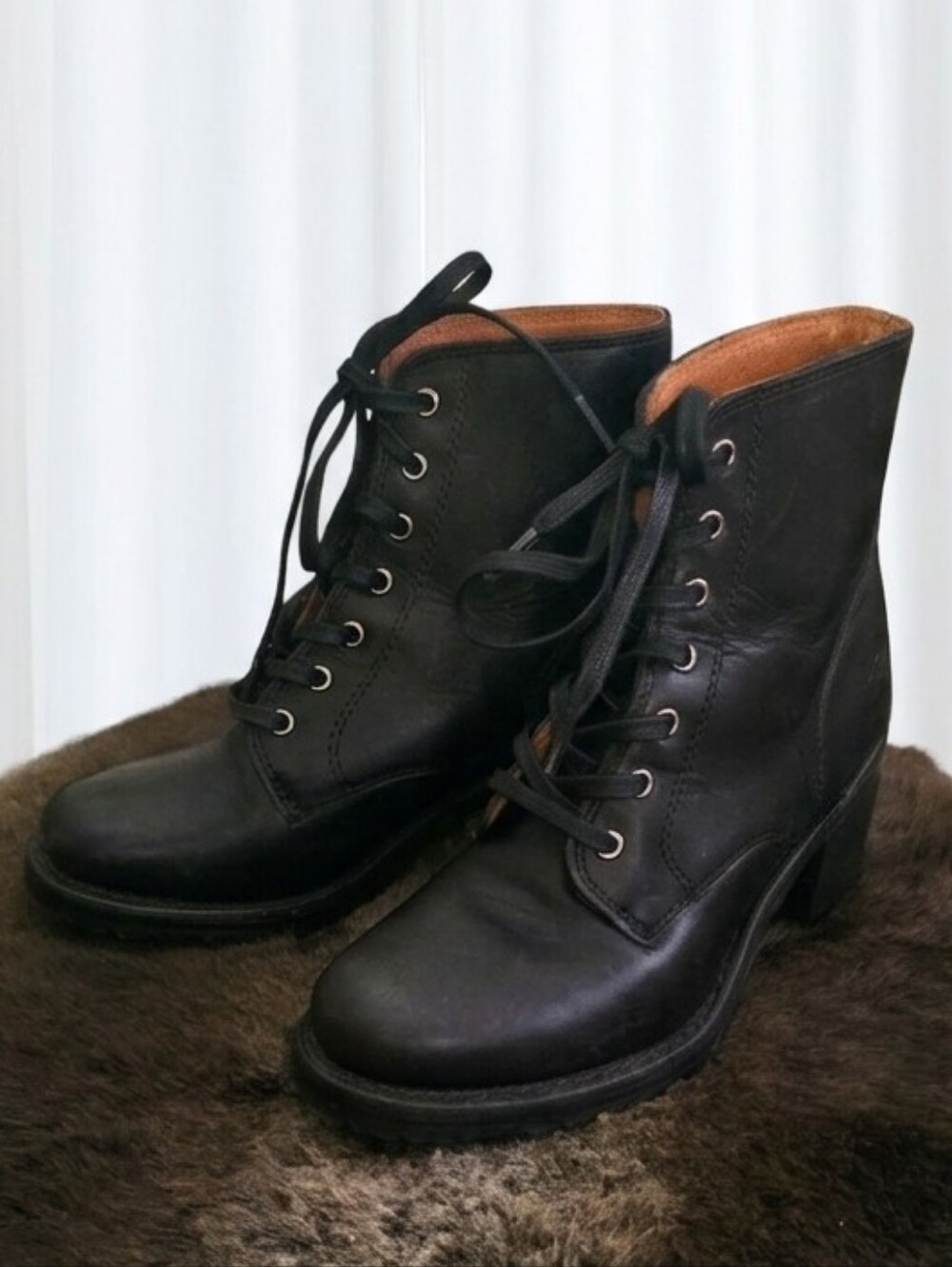 Frye Black Leather Lace-Up Block Heel Boots